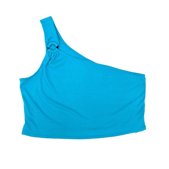 LOVE, FIRE Trendy Plus Size One-Shoulder Blue Ribbed O-Ring Crop Tank 2x - Picture 2 of 3